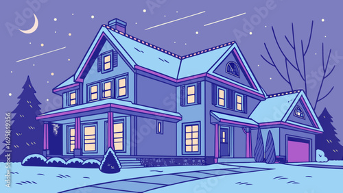 Winter house illustration at night with snow covered roof and christmas tree design
