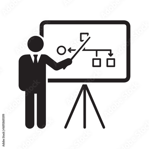Business Presentation Icon, Businessman with Pointer Explaining Flowchart on Whiteboard, Stick Figure Teacher at Seminar, Vector Pictogram
