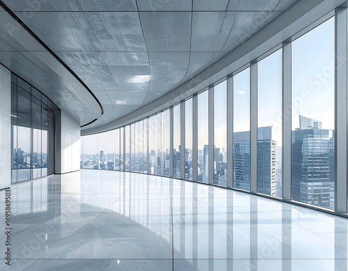 Modern office hallway with reflective floor  minimalist furniture  and a cityscape view