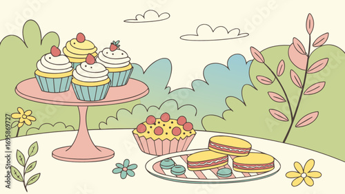 Vector illustration of cupcakes macarons and desserts in a whimsical outdoor setting