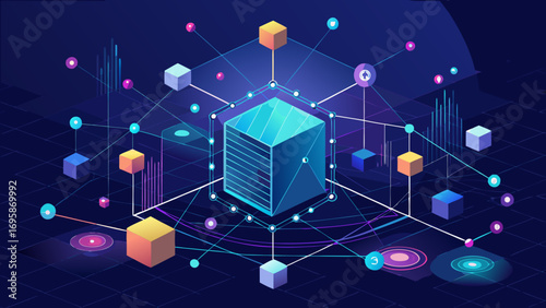 Abstract digital network with interconnected cubes and data visualizations