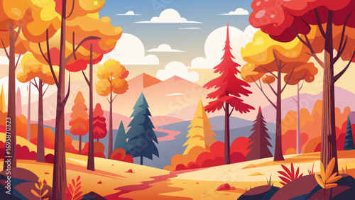 Vibrant autumn forest landscape with winding path and distant mountains
