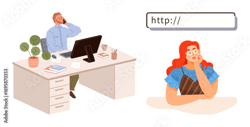 Man multitasking at desk while on phone, woman thinking with a web search bar. Ideal for online search, problem-solving, teamwork, productivity, office life, decision-making, simple flat metaphor