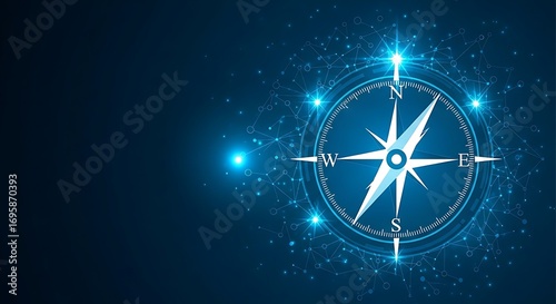 A glowing compass rose with north south east and west on a dark blue background