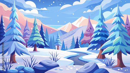 Stylized winter landscape with snow covered trees and mountains