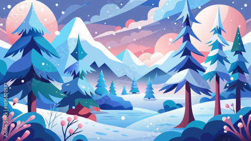 Vibrant winter landscape with snow covered mountains and pine trees