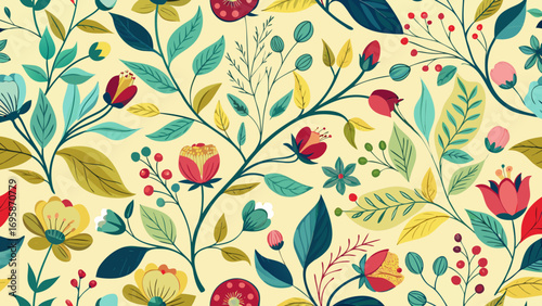 Vibrant folk art floral pattern with red and yellow flowers