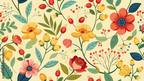 Vibrant floral pattern with red yellow and pink flowers