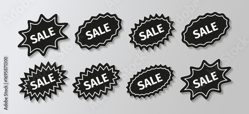 Starburst price stickers. Black splash badges. Product tag labels. Callout star shapes. Discount promo boxes, stamps. Set of star bursts isolated on white background. Vector illustration