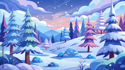 Vibrant winter forest landscape with snowfall and colorful sky
