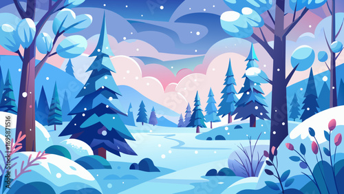 Stylized winter forest landscape with snowfall and pastel sky