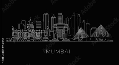 Mumbai Skyline with India Line Art Black background.