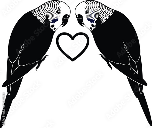 Two budgies facing each other with a heart symbol between them