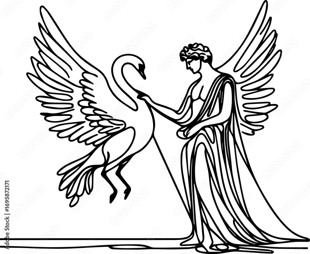 Fototapeta premium Elegant woman interacting with a swan in line art style 
