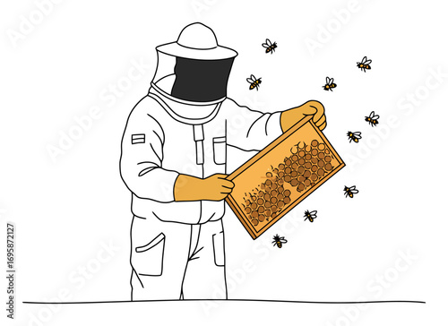 Beekeeper Holding Honeycomb Frame - Vector Illustration