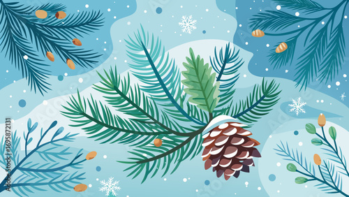 Winter pine branch with snowflakes and pinecone