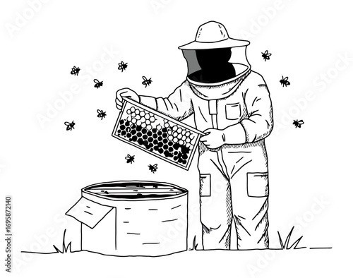 Beekeeper Holding Honeycomb Frame - Vector Illustration
