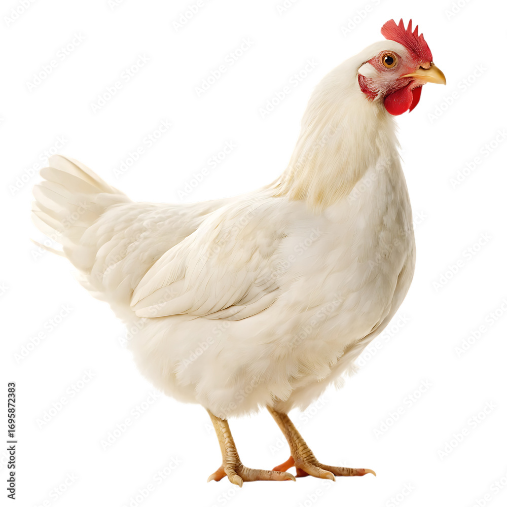 Fototapeta premium A white chicken stands against a solid black background