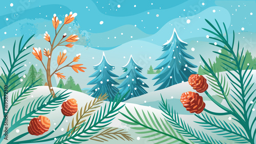 Whimsical winter forest scene with snow and pinecones