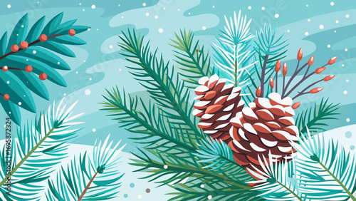 Winter scene with pine cones and snowflakes