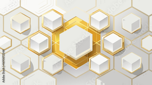Geometric hexagon pattern with gold and white cubes