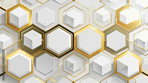Abstract hexagonal pattern with gold accents and cubes