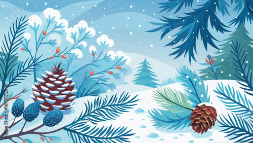 Winter forest scene with snow covered pinecones and evergreen trees