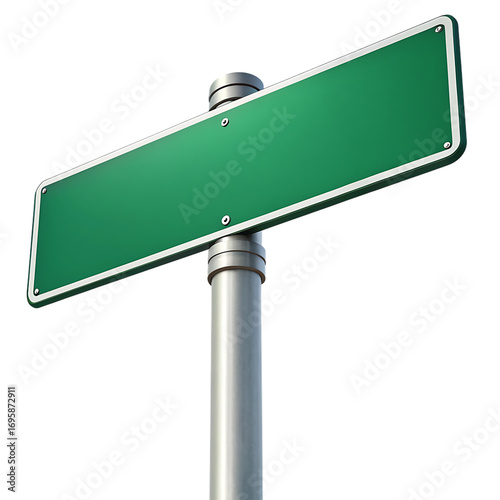 Blank green street sign on metal pole against black background