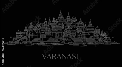 Varanasi India Skyline Outline Vector Dark.