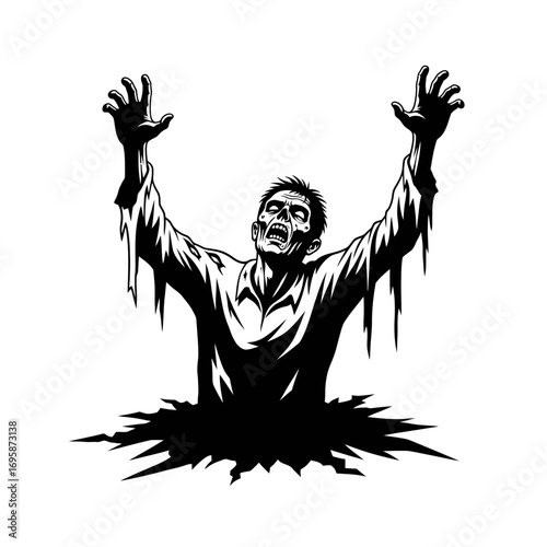 Terrifying zombie rising from the ground with outstretched arms, perfect for Halloween themes, horror concepts, or spooky designs, creating a chilling and dramatic effect this autumn