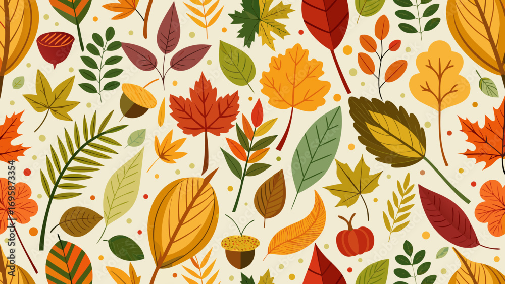 Obraz premium Vibrant autumn leaf pattern with acorns and pumpkins