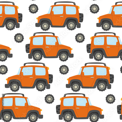 pattern of SUV, jeep. Orange, with huge wheels. Flat color seamless texture. Bright enclosed car for any road. Roof rack. Design for packaging in the theme of food, picnic, hiking, camping