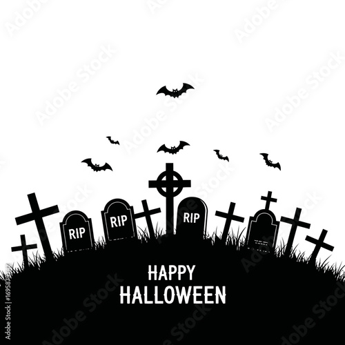 Spooky graveyard scene with flying bats for a haunting Happy Halloween message, perfect for seasonal greetings and event promotions, adding a touch of eerie fun to your designs