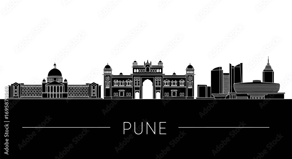 Naklejka premium Pune Skyline with India, Cityscape, Vector, and Silhouette.