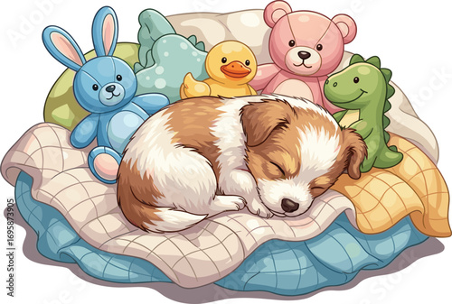 Adorable puppy sleeping peacefully with stuffed animal friends on a soft blanket