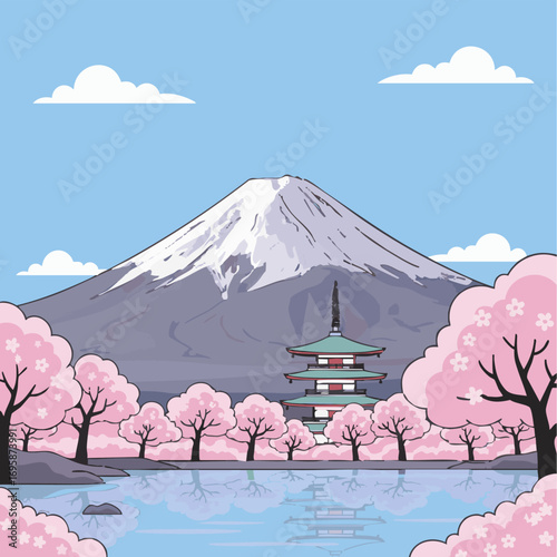 an Japan Fiju mountain with cherry blossom flat illustration