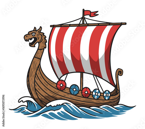 Viking Longship Vector - Nordic Ship on Waves