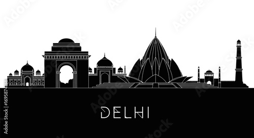 Delhi skyline with India landmark vector silhouette.