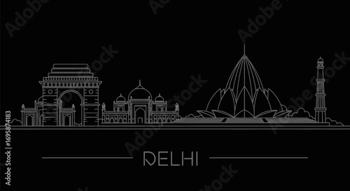 Delhi Skyline with India Black background Line Art.