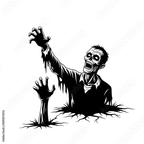 Creepy zombie rising from the grave, perfect for Halloween horror designs and spooky season promotions that capture the fear and excitement of the undead, black and white illustration