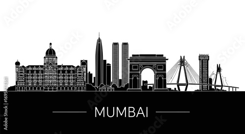 Mumbai Skyline Black and white vector.