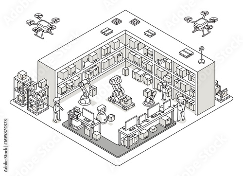 Automated Warehouse Vector, Drones & Robots