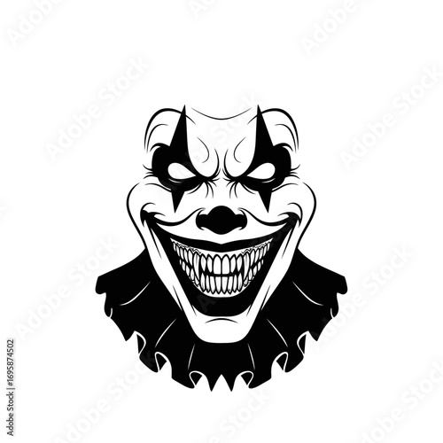 Creepy clown grinning with sharp teeth for Halloween horror designs, perfect for adding a scary touch to posters and spooky event promotions, instantly grabbing attention