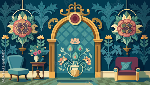 Art nouveau floral interior with chairs and archway