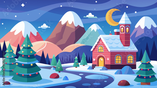 Cozy winter cabin scene with snow capped mountains and christmas trees