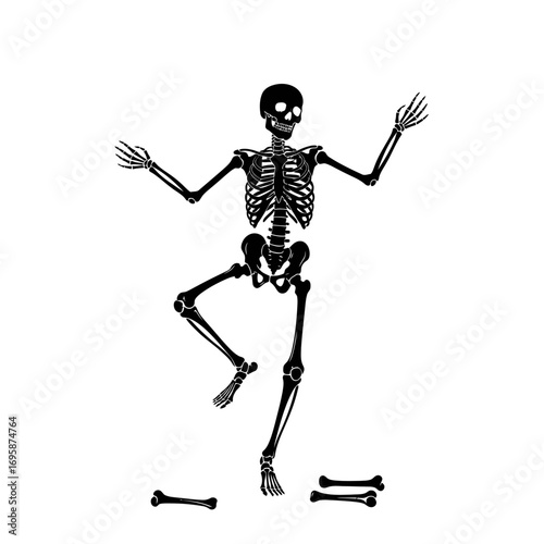 Spooky skeleton dancing on white background, perfect for Halloween designs or anatomy projects, adding a touch of macabre fun to your creative work now