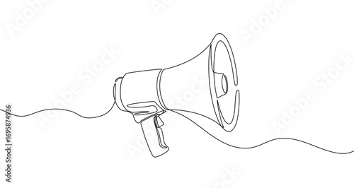 Megaphone in one line art style. Drawing of a bullhorn with an editable black stroke on a white background. Vector illustration.
