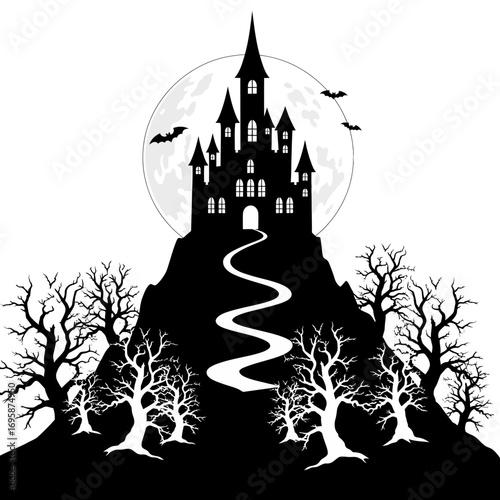 Spooky Halloween night with haunted castle silhouetted against a full moon and eerie bare trees perfect for invitations, decorations, and creepy celebrations