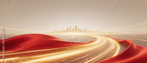 City Skyline with Interwoven Red Ribbons and Light Trails