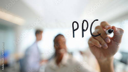 Digital marketing strategy ppc concept. hand writes pay per click abbreviation on glass with team collaborating behind for online advertising success.